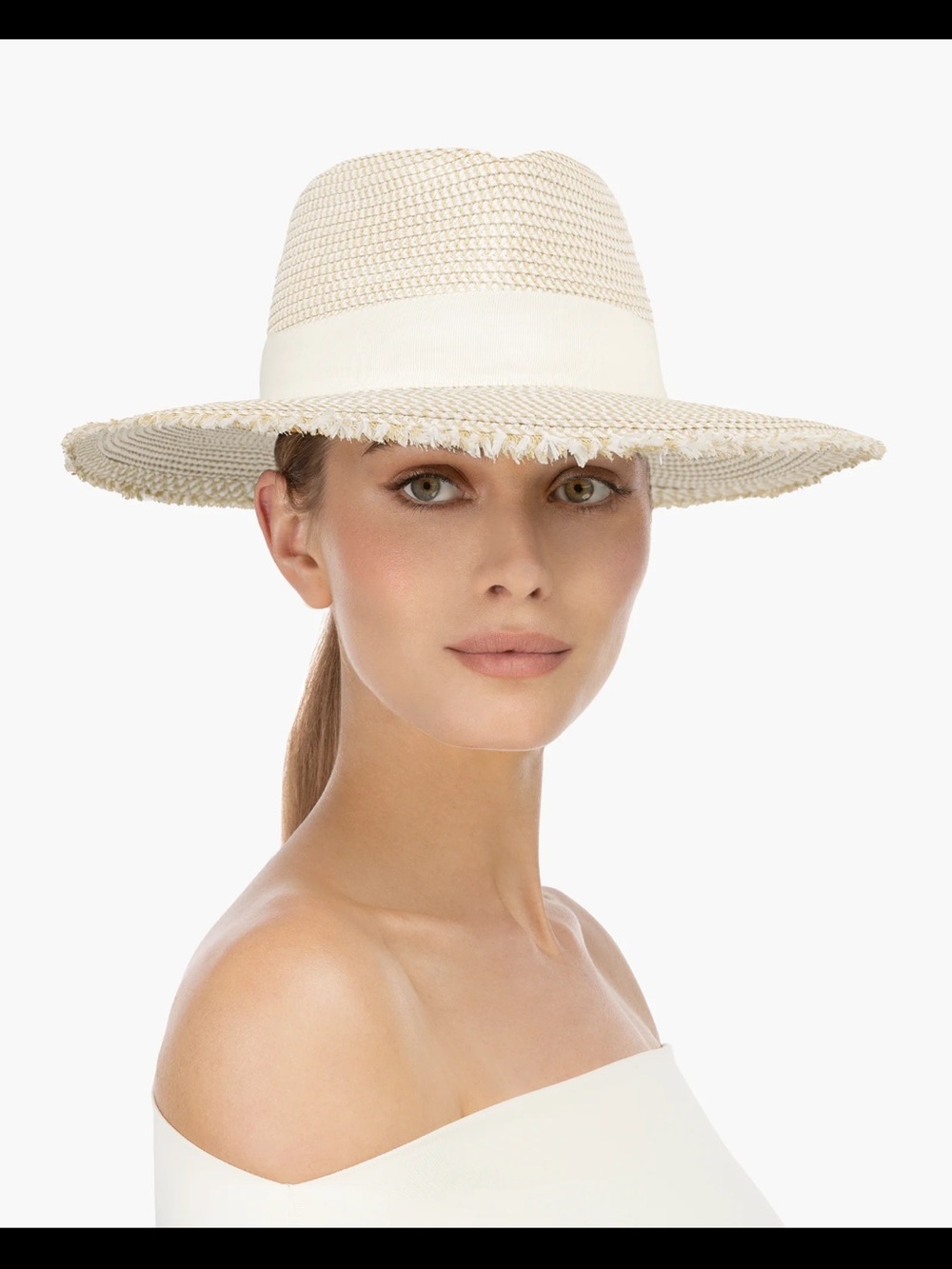 Eric Javits Fringe Pinch White Straw Fedora - Picture 2 of 9